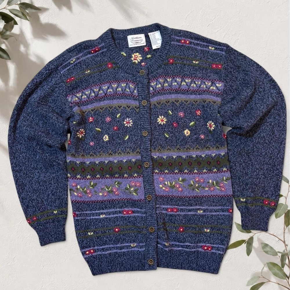 Northern Treasures Blue Floral Embroidered Knit Cardigan Sweater Vintage Small